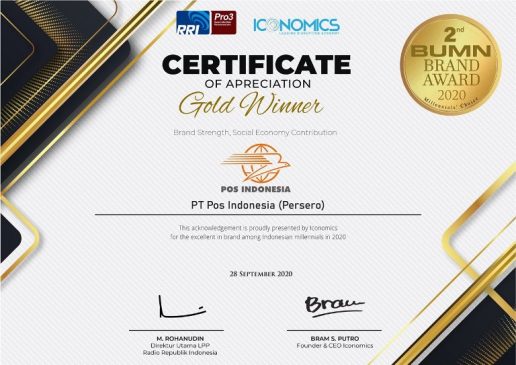 Pos Indonesia Raih Penghargaan Brand Strengh dan Social Economy Contribution dengan Predikat Gold Winner
