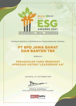 Kembali Torehkan Prestasi, Kini bank bjb Dapat Rating Leadirship AA di ESG Disclosure Awards 2021