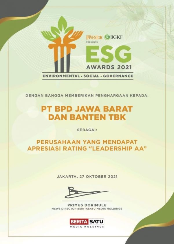 Kembali Torehkan Prestasi, Kini bank bjb Dapat Rating Leadirship AA di ESG Disclosure Awards 2021